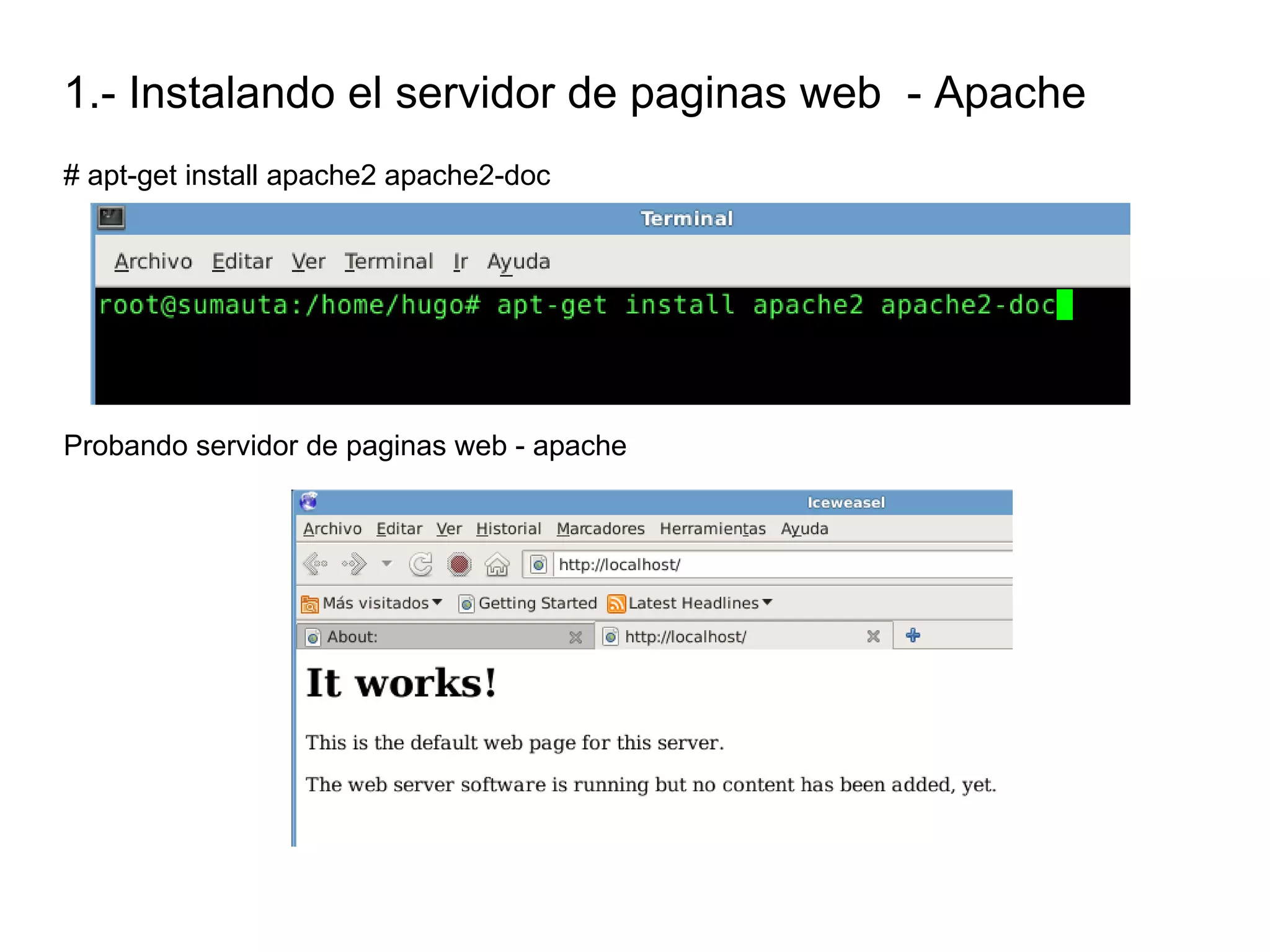 1.- Instalando el servidor de paginas web - Apache
# apt-get install apache2 apache2-doc




Probando servidor de paginas web - apache
 