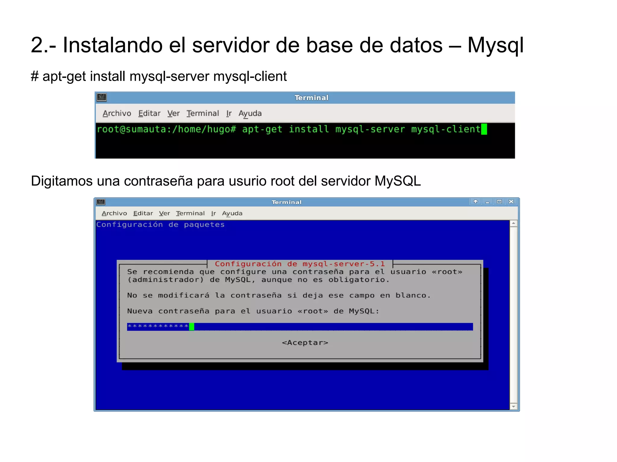 2.- Instalando el servidor de base de datos – Mysql
# apt-get install mysql-server mysql-client




Digitamos una contraseña para usurio root del servidor MySQL
 