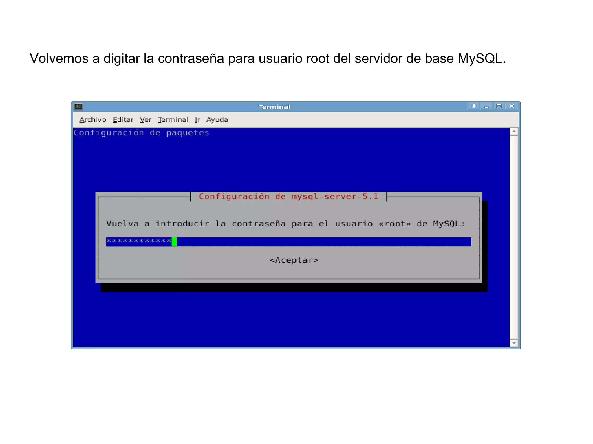 Volvemos a digitar la contraseña para usuario root del servidor de base MySQL.
 