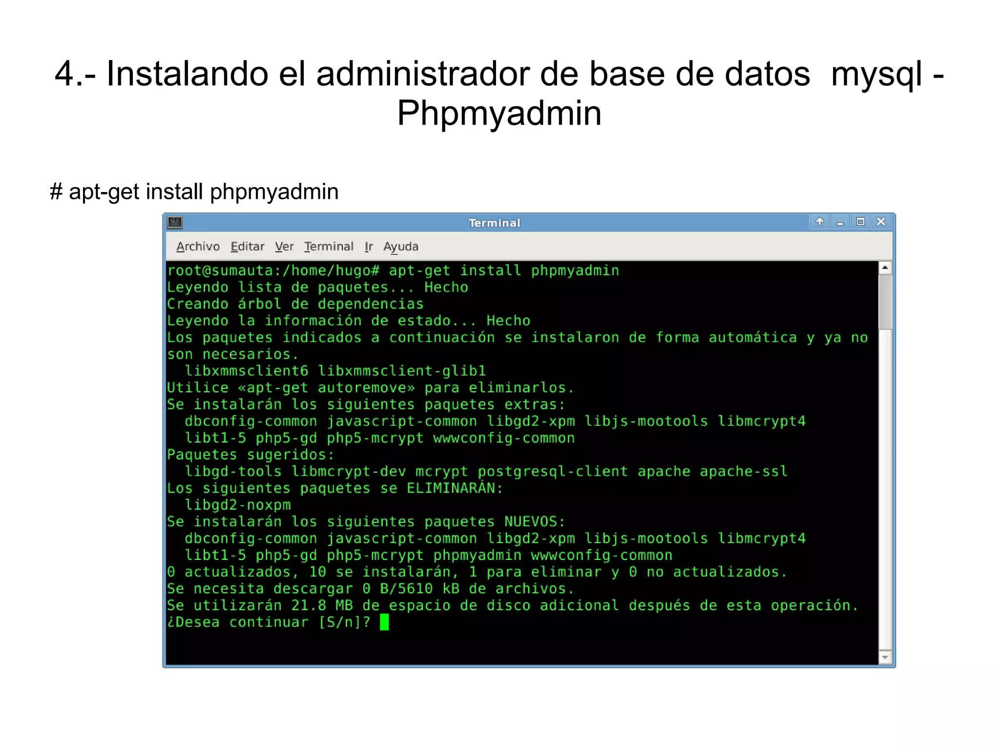 4.- Instalando el administrador de base de datos mysql -
                      Phpmyadmin

# apt-get install phpmyadmin
 