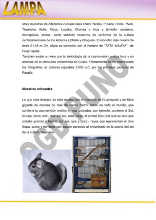 otras muestras de diferentes culturas tales como Paratía, Pukara, Chimu, Wari,
Tiwanaku, Kolla, Vicus, Lupaka, Chanka e Inca y también ceramios,
monopolios, armas, como también muestras de cerámica de la cultura
centroamericana de los Aztecas ( Cholla y Chupiaro. El monolito más resaltante
mide 01.45 m. De altura es conocido con el nombre de “TATA WILAYA” de
Huaynapata.
También existe un kero con la simbología de la cosmovisión andina Inca y un
arcabuz de la conquista encontrada en Cusco. Últimamente se ha incorporado
las fotografías de pinturas rupestres 7,000 a.C. por los primeros pastores de
Paratía.




Muestras relevantes


Lo que mas destaca de este museo son el monolito de Huaytapata y un Kero
gigante de madera de mas de medio metro, único en todo el mundo, que
contiene la cosmovisión andina en sus grabados, por ejemplo, contiene el Sol,
la luna, tierra, mar, cruz del sur, siete colas, el animal Koa (del cual se dice que
soltaba granizo y helada por sus ojos y boca), rayos que representan al dios
Illapa, puma y hombres con bastón parecido al encontrado en la puerta del sol
de la cultura Tiwanaku.
 