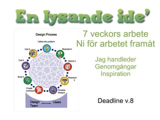 7 veckors arbete
Ni för arbetet framåt
    Jag handleder
    Genomgångar
      Inspiration



     Deadline v.8
 