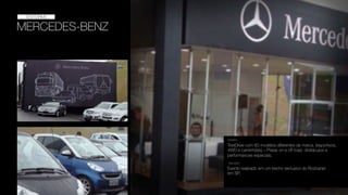 MERCEDES-BENZ
TestDrive com 60 modelos diferentes da marca. (esportivos,
4WD e caminhões) – Pistas on e oﬀ road, obstáculos e
performances especiais.
DESAFIO
SOLUÇÃO
Evento realizado em um trecho exclusivo do Rodoanel
em SP.
TESTDRIVE
 