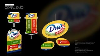 CORAL DUO
PDV
Comunicar os dois principais benefícios do
produto em pontos de vendas em todo o
Brasil.
DESAFIO
SOLUÇÃO
Desenvolvemos materiais
diferenciados e que chamassem a
atenção do consumidor.
 