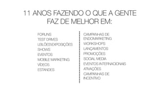 11 ANOS FAZENDO O QUE A GENTE
FAZ DE MELHOR EM:
FORUNS
TEST DRIVES
LEILÕESEXPOSIÇÕES
SHOWS
EVENTOS
MOBILE MARKETING
VÍDEOS
ESTANDES
CAMPANHAS DE
ENDOMARKETING
WORKSHOPS
LANÇAMENTOS
PROMOÇÕES
SOCIAL MEDIA
EVENTOS INTERNACIONAIS
ATIVAÇÕES
CAMPANHAS DE
INCENTIVO
 