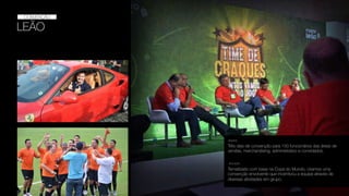 LEÃO
Três dias de convenção para 150 funcionários das áreas de
vendas, merchandising, administrativo e convidados.
DESAFIO
SOLUÇÃO
Tematizado com base na Copa do Mundo, criamos uma
convenção envolvente que incentivou a equipe através de
diversas atividades em grupo.
CONVENÇÃO
 