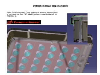 Dettaglio Fissaggi corpo Lampada Vetro, Corpo principale e Cover superiore in alluminio vengono tenuti a “pacchetto con 6 viti TSEI M4x40 (vedi sezione esplicativa) e 2 viti TSEI M4x12. 