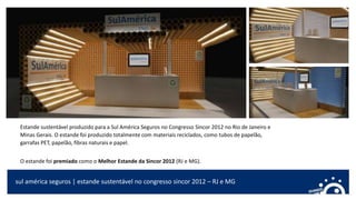 sul américa seguros | estande sustentável no congresso sincor 2012 – RJ e MG
Estande sustentável produzido para a Sul América Seguros no Congresso Sincor 2012 no Rio de Janeiro e
Minas Gerais. O estande foi produzido totalmente com materiais reciclados, como tubos de papelão,
garrafas PET, papelão, fibras naturais e papel.
O estande foi premiado como o Melhor Estande da Sincor 2012 (RJ e MG).
 