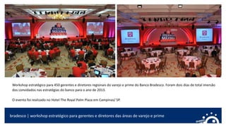 bradesco | workshop estratégico para gerentes e diretores das áreas de varejo e prime
Workshop estratégico para 450 gerentes e diretores regionais do varejo e prime do Banco Bradesco. Foram dois dias de total imersão
dos convidados nas estratégias do banco para o ano de 2013.
O evento foi realizado no Hotel The Royal Palm Plaza em Campinas/ SP.
 
