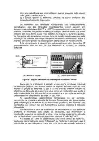 com uma substância que emite elétrons, quando aquecida pelo próprio
calor gerado na descarga, e;
b) o catodo quente ou filamento, utilizado na quase totalidade das
lâmpadas atualmente disponíveis.
Os filamentos das lâmpadas fluorescentes são construtivamente
semelhantes aos das lâmpadas incandescentes, porém operam em
temperaturas mais baixas (800 °C a 1100°C) e apresentam um revestimento de
material com baixa função de trabalho (por exemplo óxido de bário) que emite
elétrons por efeito termo-iônico (vide detalhes na Figura 6). Durante a partida,
os filamentos são alimentados por uma fonte de tensão, sendo aquecidos pela
circulação da corrente, até atingir a temperatura de emissão desejada, a qual é
mantida pelo calor gerado na descarga com a lâmpada já em funcionamento.
Este procedimento é denominado pré-aquecimento dos filamentos. O
preaquecimento influi na vida útil dos filamentos e, portanto, da própria
lâmpada.
Figura 6 – Soquete e filamento de uma lâmpada fluorescente tubular
Como gás de enchimento é utilizado um gás inerte com baixo potencial
de ionização (argônio puro ou uma mistura de argônio, neônio e criptônio) para
facilitar a ignição da lâmpada. O gás e a sua pressão também influem na
eficiência da lâmpada, já o gás inerte atua como um moderador que ajusta a
velocidade média dos elétrons de forma a maximizar a produção de radiação
ultravioleta com comprimento de onda λ = 253.7 nm.
As características colorimétricas (temperatura de cor correlata,
reprodução de cores) e a eficácia da lâmpada fluorescente são determinadas
pela composição e espessura do pó fluorescente ("fósforo"). Os "fósforos" são
compostos que emitem luz por fluorescência quando expostos à radiação
ultravioleta.
São fabricados a partir de substâncias de elevada pureza, cuja estrutura
cristalina é modificada pela adição de ativadores, que determinam a
distribuição espectral da radiação emitida. Uma família amplamente utilizada
são os halofosfatos cuja composição química básica é 3Ca(PO4)2CaF2.
Na década de 1980 foi desenvolvida uma nova família de "fósforos",
conhecida comercialmente como "trifósforos" ou "fósforos tri-estímulo", que é
constituída de três compostos, cada um com banda de emissão estreita e
 