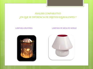 ANALISIS COMPARATIVO
¿EN QUE SE DIFERENCIA DE OBJETOS EQUIVALENTES ?
LAMPARA GIRATORIA LAMPARA DE MESA DE HONGO
 