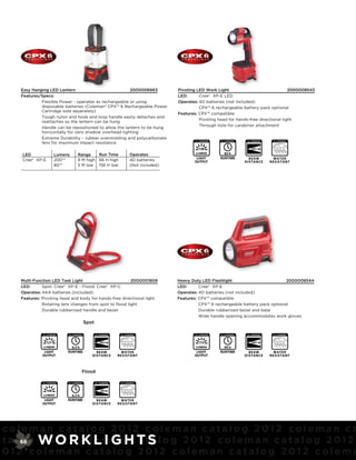 Easy Hanging LED Lantern                           2000006663                              Pivoting LED Work Light                               2000008543
     Features/Specs:                                                                            LED:      Cree® XP-E LED
              Flexible Power - operates as rechargeable or using                                Operates: 4D batteries (not included)
              disposable batteries (Coleman® CPX™ 6 Rechargeable Power                                    CPX™ 6 rechargeable battery pack optional
              Cartridge sold separately)
                                                                                                Features: CPX™ compatible
              Tough nylon and hook and loop handle easily detaches and
                                                                                                          Pivoting head for hands-free directional light
              reattaches so the lantern can be hung
                                                                                                          Through hole for carabiner attachment
              Handle can be repositioned to allow the lantern to be hung
              horizontally for zero shadow overhead lighting
              Extreme Durability – rubber overmolding and polycarbonate
                                                                                                        FL 1 STANDARD   FL 1 STANDARD    FL 1 STANDARD    FL 1 STANDARD
              lens for maximum impact resistance
                                                                                                          158                                241 m
      LED                Lumens        Range    Run Time                       Operates                 LUMENS            83 h
                                                                                                        LIGHT           RUNTIME             BEAM           W ATER
      Cree® XP-E         200**         8 M high 66 H high                      4D batteries            OUTPUT                           D I STANCE       RESI STANT
                         80**          5 M low 156 H low                       (Not included)




     Multi-Function LED Task Light                        2000001809                            Heavy Duty LED Flashlight                         2000008544
     LED:      Spot: Cree® XP-E - Flood: Cree® XP-C                                             LED:      Cree® XP-E
     Operates: 4AA batteries (included)                                                         Operates: 4D batteries (not included)
     Features: Pivoting head and body for hands-free directional light                          Features: CPX™ compatible
               Rotating lens changes from spot to flood light                                             CPX™ 6 rechargeable battery pack optional
               Durable rubberized handle and bezel                                                        Durable rubberized bezel and base
                                                                                                          Wide handle opening accommodates work gloves
                                               Spot

               FL 1 STANDARD   FL 1 STANDARD          FL 1 STANDARD    FL 1 STANDARD                    FL 1 STANDARD   FL 1 STANDARD    FL 1 STANDARD    FL 1 STANDARD



                 121                                      163 m                                           172                                347 m
               LUMENS            6.5 h                                                                  LUMENS            95 h
                LIGHT          RUNTIME                BEAM              W ATER                          LIGHT           RUNTIME             BEAM           W ATER
               OUTPUT                             D I STANCE          RESI STANT                       OUTPUT                           D I STANCE       RESI STANT



                                           Flood

               FL 1 STANDARD   FL 1 STANDARD          FL 1 STANDARD    FL 1 STANDARD



                 106                                       28 m
               LUMENS            6.5 h
                LIGHT          RUNTIME                BEAM              W ATER
               OUTPUT                             D I STANCE          RESI STANT




  coleman catalog 2012 coleman catalog 2012 coleman ca
a t a l o g W O R Kl Lm G H TtS l o g 2 0 1 2 c o l e m a n c a t a l o g 2 0 1 2
        66  2012 co e I an ca a
2012 coleman catalog 2012 coleman catalog 2012 colema
 