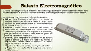 El balasto electromagnético fue el primer tipo de inductancia que se utilizó en las lámparas fluorescentes. Consta
de un transformador de corriente o reactancia inductiva, compuesto por un enrollado único de alambre de cobre.
Los balastos de este tipo constan de las siguientes partes:
 Núcleo. Parte fundamental del balasto. Lo compone un
conjunto de chapas metálicas que forman el cuerpo o parte
principal del transformador, donde va colocado el enrollado
de alambre de cobre.
 Carcasa. Envoltura metálica protectora del balasto. Del
enrollado de los balastos magnéticos comunes salen dos o
tres cables (en dependencia de la potencia de la lámpara),
que se conectan al circuito externo, mientras que de los
balastos electrónicos salen cuatro.
 Sellador. Es un compuesto de poliéster que se deposita
entre la carcasa y el núcleo del balasto. Su función es
actuar como aislante entre el enrollado, las chapas
metálicas del núcleo y la carcasa.
 Capacitor o filtro. Se utiliza para mejorar el factor de
potencia de la lámpara, facilitando que pueda funcionar más
eficientemente.
 