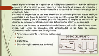 De acuerdo con la forma de encendido de cada lámpara, así será el tipo de balasto que
utilice. Las formas de encendido más generalizados en los tubos de lampara
fluorescentes más comunes son los siguientes:
 Por precalentamiento (El sistema más antiguo)
 Rápido
 Instantáneo
 Electrónico (El sistema más moderno)
Desde el punto de vista de la operación de la lámpara fluorescente, l función del balasto
es generar el arco eléctrico que requiere el tubo durante el proceso de encendido y
mantenerlo posteriormente, limitado también la intensidad de corriente que fluye por el
circuito del tubo.
Los balastos magnéticos de uso mas extendidos se fabrican para que puedan trabajar
conectados a una línea de suministro eléctrico de 110 o a una 220 volt de tensión de
corriente alterna y 50 o 60 Hertz (Hz) de frecuencia. El empleo de uno u otro tipo
depende de las características especificas del suministro eléctrico de cada país.
 