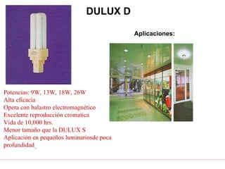 DULUX D
Potencias: 9W, 13W, 18W, 26W
Alta eficacia
Opera con balastro electromagnético
Excelente reproducción cromatica
Vida de 10,000 hrs.
Menor tamaño que la DULUX S
Aplicación en pequeños luminariosde poca
profundidad.
Aplicaciones:
 