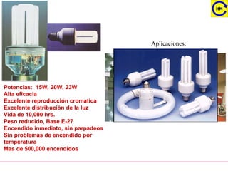 Potencias: 15W, 20W, 23W
Alta eficacia
Excelente reproducción cromatica
Excelente distribución de la luz
Vida de 10,000 hrs.
Peso reducido, Base E-27
Encendido inmediato, sin parpadeos
Sin problemas de encendido por
temperatura
Mas de 500,000 encendidos
Aplicaciones:
 