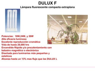 DULUX F
Lámpara fluorescente compacta extraplana
Potencias: 18W,24W, y 36W
Alta eficacia luminosa
Excelente reproducción cromática
Vida de hasta 20,000 hrs
Encendido Rápido y/o precalentamiento con
balastro magnético o electrónico
Diseñada para luminarios más pequeños y
esteticos
Alcanza hasta un 13% mas flujo que las DULUX L
 