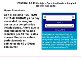Con el sistema PENTRON
FQ T5 de OSRAM ya no hay
necesidad de arreglos
costosos y complicadas
instalaciones. Ahora que la
longitud general ha sido
reducida por 50 mm, estas
nuevas lámparas caben
perfectamente en
gabinetes de 60 y120cm
con louver.
Lámpara T8
Lámpara FQ T5
En el pasado la manufactura de
luminarios de techo requerían de
arreglos costosos y que eran difíciles
de instalar. Las lámparas FQ son 50
mm más cortas que las lámparas T8,
lo cual facilita su instalación.
PENTRON FQ T5 Ventaja – Optimización de la longitud
(50 mm más corto)
Nuevas Dimensiones
 