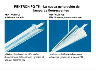 PENTRON FQ T5 – La nueva generación de
lámparas fluorescentes
PENTRON FQ:
Máxima economía
PENTRON FQ:
Más lúmenes, menos volumen
Máximo diseño en función de las
dimensiones del luminario gracias al
uso del sistema FQ
Luminarios brillantes directos e
indirectos gracias al sistema FQ
 
