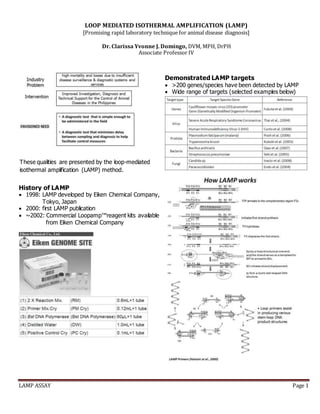 LAMP ASSAY Page 1
History of LAMP
 1998: LAMP developed by Eiken Chemical Company,
Tokyo, Japan
 2000: first LAMP publication
 ~2002: Commercial Loopamp™reagent kits available
from Eiken Chemical Company
Demonstrated LAMP targets
 >200 genes/species have been detected by LAMP
 Wide range of targets (selected examples below)
These qualities are presented by the loop-mediated
isothermal amplification (LAMP) method.
LOOP MEDIATED ISOTHERMAL AMPLIFICATION (LAMP)
[Promising rapid laboratory technique for animal disease diagnosis]
Dr. Clarissa Yvonne J. Domingo, DVM, MPH, DrPH
Associate Professor IV
 