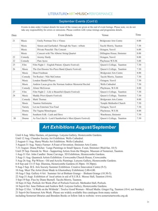 22
Barn, Obridge House. Contact: Jeremy Harvey. 01823 276421
Barrington Court Barrington  Ilminster, Somerset TA19 0NQ 01460 242614
Bishop’s Palace Cathedral GreenWells Somerset BA5 2PD 01749 988111 www.bishopspalace.org.uk
The Blakehay Theatre, Wadham Street, Weston-super-Mare, BS23 1JZ 01934 645493
Brendon Books Bath Place Taunton TA1 4ER 01823 337742 brendonbooks@gmail.com
Bridgwater Arts Centre 11-13 Castle Street  Bridgwater, Somerset TA6 3DD 01278 422 700
The Castle Hotel Castle Green Taunton TA1 1NF 01823 272671
Church St Peter  St Paul Moor Lane North Curry Ta3 6JZ 01823 490255
The David Hall, Roundwell St South Petherton. TA13 5AA 01460 240340 info@thedavidhall.org
Dillington House  Estate Office, Whitelackington, Ilminster, Somerset TA19 9DT 01460 258648 dillington@somerset.gov.uk
Enmore Inn Enmore Rd  Durleigh, BRIDGWATER, Bridgwater, Somerset TA5 2AW01278 422 052
F.east, 57 East St, Ilminster, TA19 OAW 01460 53183
Fyne Court Broomfield Somerset TA5 2EQ 01823 451587
Gallery4Art. www.gallery4art.co.uk. 01984 623357
Ginger Fig, Bath Place, Taunton TA1 4ER 01823 326798
Glastonbury Abbey Shop Ltd The Abbey Gatehouse Magdalene Street Glastonbury Somerset BA6 9EL 01458 831631 shop@glaston-
buryabbey.com 	 Halseway Manor Crowcombe  Taunton, Somerset TA4 4BD 01984 618274
Hestercombe Gardens Hestercombe  Taunton TA2 8LG 01823 413 923
Hobbyhorse Ballroom Esplanade  Minehead, Somerset TA24 5QP 01643 702274
Ilminster Arts Centre East Street ILMINSTER TA19 0AN 01460 55783 
Imagine Design Create Bath Place, Taunton TA1 4ER 01823 252133 imaginedesigncreate@live.co.uk
Museum of Somerset Taunton Castle Castle Green Taunton Somerset TA1 4AA 01823 255088 www.somerset.gov.uk/museums
Music in the Quantocks 01823 451162
Night of the Prom: 07973 252 346
Oake Manor Golf Club,Oake Taunton  TA4 1BA 01823 461992
Octagon Theatre, Hendford, Yeovil BA20 1UX 01935 422884
Parish Church St John Wellington 72 High Street Wellington(01823) 662248
The Playhouse Theatre,High Street,Weston super Mare,BS23 1HP 01934 645544
Porlock Village Hall Toll Road (New Rd), Porlock TA24 8QD 01643 862717
Queen’s Conference Centre Trull Road Taunton Ta1 4QS 01823 272559 contact@queenscollege.org.uk
Regal Theatre 10-16 The Avenue  Minehead TA24 5AY 01643 706430 mail@regaltheatre.co.uk
Richard Huish College 2 Kings Close  Taunton, Somerset TA1 3XP 01823 320800
Silver Street Centre Silver Street  Wiveliscombe, Taunton, Somerset TA4 2PA 01984 623107
Somerset Rural Life Museum Abbey Farm Chilkwell Street GlastonburySomerset BA6 8DB 01458 831197
St Mary Magdalene Church Church Square Taunton TA1 1SA 01823 272441
St Mary’s Church Bridgwater St Mary Street Bridgwater TA6 3EQ 01278 422437 saintmarybridgwater@gmail.com
St Mary’s Church Stogumber office.qtb@btinternet.com
St John’s Church Park Street Taunton TA1 4DG secretary@stjohnstaunton.org.uk
The Swan Theatre, 138 Park Street,Yeovil BA20 1QT swantheatre@gmail.com
Tacchi-Morris Arts Centre School Road Taunton TA2 8PD 01823 41 41 41 info@tacchi-morris.com
Taunton Flower Show http://www.tauntonfs.co.uk/
Taunton Library Paul St Taunton, Somerset TA1 3XZ 0845 345 9177
Taunton RFC Hyde Park, Hyde Lane, Bathpool, Taunton, Somerset, TA2 8BU 01823 336363
Taunton Racecourse, Orchard Portman, Somerset TA3 7BL 01823 337172
Temple Methodist Church Upper High Street Taunton TA1 3PY (01823) 275765
Tyntesfield Wraxall, North Somerset, BS48 1NT
Warehouse Theatre  Brewery Lane, Ilminster, TA19 9AD Tel 01460 57049
Wellesley Theatre 50-52 Mantle Street Wellington TA21 8AU 01823 666668
Wellington Arts Centre, Eight Acre Lane, Wellington, TA21 8PS 01458 250655
Wellsprings Leisure Centre Cheddon Road Taunton TA2 7QP 01823 271271
Contacts List
 