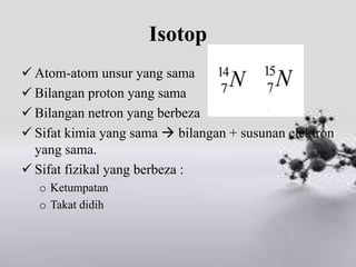 Isotop
 Atom-atom unsur yang sama
 Bilangan proton yang sama
 Bilangan netron yang berbeza
 Sifat kimia yang sama  bilangan + susunan elektron
  yang sama.
 Sifat fizikal yang berbeza :
   o Ketumpatan
   o Takat didih
 
