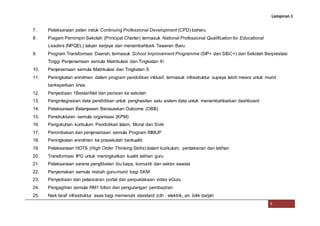 Lampiran 1
3
7. Pelaksanaan pelan induk Continuing Professional Development (CPD) baharu
8. Piagam Pemimpin Sekolah (Principal Charter) termasuk National Professional Qualification for Educational
Leaders (NPQEL) laluan kerjaya dan menambahbaik Tawaran Baru
9. Program Transformasi Daerah, termasuk School Improvement Programme (SIP+ dan SISC+) dan Sekolah Berprestasi
Tinggi Penjenamaan semula Matrikulasi dan Tingkatan 6
10. Penjenamaan semula Matrikulasi dan Tingkatan 6
11. Peningkatan enrolmen dalam program pendidikan inklusif, termasuk infrastruktur supaya lebih mesra untuk murid
berkeperluan khas
12. Penyediaan 1BestariNet dan perisian ke sekolah
13. Pengintegrasian data pendidikan untuk penghasilan satu sistem data untuk menambahbaikan dashboard
14. Pelaksanaan Belanjawan Berasaskan Outcome (OBB)
15. Penstrukturan semula organisasi (KPM)
16. Pengukuhan kurikulum Pendidikan Islam, Moral dan Sivik
17. Perombakan dan penjenamaan semula Program RIMUP
18. Peningkatan enrolmen ke prasekolah berkualiti
19. Pelaksanaan HOTS (High Order Thinking Skills) dalam kurikulum, pentaksiran dan latihan
20. Transformasi IPG untuk meningkatkan kualiti latihan guru
21. Pelaksanaan sarana penglibatan ibu bapa, komuniti dan sektor swasta
22. Penyemakan semula nisbah guru-murid bagi SKM
23. Penyediaan dan pelancaran portal dan perpustakaan video eGuru
24. Pengagihan semula RM1 bilion dan pengurangan pembaziran
25. Naik taraf infrastruktur asas bagi memenuhi standard (cth : elektrik, air, bilik darjah
 