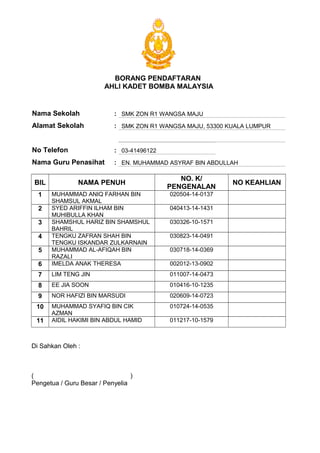 BORANG PENDAFTARAN
AHLI KADET BOMBA MALAYSIA
Nama Sekolah : SMK ZON R1 WANGSA MAJU
Alamat Sekolah : SMK ZON R1 WANGSA MAJU, 53300 KUALA LUMPUR
No Telefon : 03-41496122
Nama Guru Penasihat : EN. MUHAMMAD ASYRAF BIN ABDULLAH
BIL NAMA PENUH
NO. K/
PENGENALAN
NO KEAHLIAN
1 MUHAMMAD ANIQ FARHAN BIN
SHAMSUL AKMAL
020504-14-0137
2 SYED ARIFFIN ILHAM BIN
MUHIBULLA KHAN
040413-14-1431
3 SHAMSHUL HARIZ BIN SHAMSHUL
BAHRIL
030326-10-1571
4 TENGKU ZAFRAN SHAH BIN
TENGKU ISKANDAR ZULKARNAIN
030823-14-0491
5 MUHAMMAD AL-AFIQAH BIN
RAZALI
030718-14-0369
6 IMELDA ANAK THERESA 002012-13-0902
7 LIM TENG JIN 011007-14-0473
8 EE JIA SOON 010416-10-1235
9 NOR HAFIZI BIN MARSUDI 020609-14-0723
10 MUHAMMAD SYAFIQ BIN CIK
AZMAN
010724-14-0535
11 AIDIL HAKIMI BIN ABDUL HAMID 011217-10-1579
Di Sahkan Oleh :
( )
Pengetua / Guru Besar / Penyelia
 