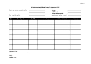 LAMPIRAN G



                                      SENARAI NAMA PELATIH LATIHAN INDUSTRI

Nama dan Alamat Pusat Bertauliah   :__________________________           Kursus                        : _____________________
                                    __________________________           Kod Kursus                    : _____________________
                                    __________________________           Tarikh Latihan Industri       : _____________________
Kod Pusat Bertauliah               :__________________________           Jangkamasa Latihan Industri   : _____________________


 Bil              Nama Pelatih         No. K/P            Alamat Tetap             Maklumat Industri             Catatan




Disediakan Oleh :

…………………………………………….
Nama :
Jawatan / Cop :
 