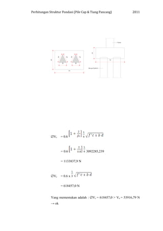 Perhitungan Struktur Pondasi (Pile Cap & Tiang Pancang) 2011
∅Vc = 0.6
= 0.6 3092285,239
= 1133837,9 N
∅Vc = 0.6 x
= 618457,0 N
Yang mementukan adalah : ∅Vc = 618457,0 > Vu = 53916,79 N
→ ok
 