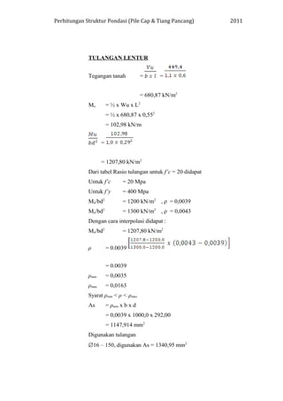 Perhitungan Struktur Pondasi (Pile Cap & Tiang Pancang) 2011
TULANGAN LENTUR
Tegangan tanah = =
= 680,87 kN/m2
Mu = ½ x Wu x L2
= ½ x 680,87 x 0,552
= 102,98 kN/m
=
= 1207,80 kN/m2
Dari tabel Rasio tulangan untuk f’c = 20 didapat
Untuk f’c = 20 Mpa
Untuk f’y = 400 Mpa
Mu/bd2
= 1200 kN/m2
, ρ = 0,0039
Mu/bd2
= 1300 kN/m2
, ρ = 0,0043
Dengan cara interpolasi didapat :
Mu/bd2
= 1207,80 kN/m2
ρ = 0.0039
= 0.0039
ρmin = 0,0035
ρmax = 0,0163
Syarat ρmin < ρ < ρmax
As = ρmin x b x d
= 0,0039 x 1000,0 x 292,00
= 1147,914 mm2
Digunakan tulangan
∅16 – 150, digunakan As = 1340,95 mm2
 