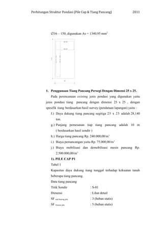 Perhitungan Struktur Pondasi (Pile Cap & Tiang Pancang) 2011
∅16 – 150, digunakan As = 1340,95 mm2
1. Penggunaan Tiang Pancang Persegi Dengan Dimensi 25 x 25.
Pada perencanaan existing jenis pondasi yang digunakan yaitu
jenis pondasi tiang pancang dengan dimensi 25 x 25 , dengan
spesifik tiang berdasarkan hasil survey (pendataan lapangan) yaitu :
f.) Daya dukung tiang pancang segitiga 25 x 25 adalah 28,140
ton.
g.) Panjang pemesanan tiap tiang pancang adalah 10 m
( berdasarkan hasil sondir )
h.) Harga tiang pancang Rp. 240.000,00/m’
i.) Biaya pemancangan yaitu Rp. 75.000,00/m’
j.) Biaya mobilisasi dan demobilisasi mesin pancang Rp.
2.500.000,00/m’
1). PILE CAP P1
Tabel 1
Kapasitas daya dukung tiang tunggal terhadap kekuatan tanah
beberapa tiang pancang.
Data tiang pancang
Titik Sondir : S-01
Dimensi : Lihat detail
SF end bearing pile : 3 (beban statis)
SF friction pile : 5 (beban statis)
 