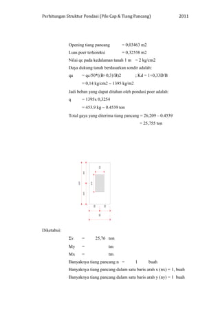 Perhitungan Struktur Pondasi (Pile Cap & Tiang Pancang) 2011
Opening tiang pancang = 0,03463 m2
Luas poer terkoreksi = 0,32538 m2
Nilai qc pada kedalaman tanah 1 m = 2 kg/cm2
Daya dukung tanah berdasarkan sondir adalah:
qa = qc/50*((B+0,3)/B)2 ; Kd = 1+0,33D/B
= 0,14 kg/cm2 ∼ 1395 kg/m2
Jadi beban yang dapat ditahan oleh pondasi poer adalah:
q = 1395x 0,3254
= 453,9 kg ∼ 0.4539 ton
Total gaya yang diterima tiang pancang = 26,209 – 0.4539
= 25,755 ton
Diketahui:
Σv = 25,76 ton
My = tm
Mx = tm
Banyaknya tiang pancang n = 1 buah
Banyaknya tiang pancang dalam satu baris arah x (nx) = 1, buah
Banyaknya tiang pancang dalam satu baris arah y (ny) = 1 buah
 