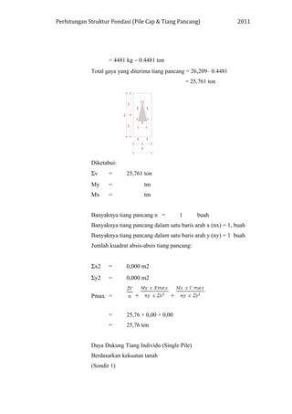 Perhitungan Struktur Pondasi (Pile Cap & Tiang Pancang) 2011
= 4481 kg ∼ 0.4481 ton
Total gaya yang diterima tiang pancang = 26,209– 0.4481
= 25,761 ton
Diketahui:
Σv = 25,761 ton
My = tm
Mx = tm
Banyaknya tiang pancang n = 1 buah
Banyaknya tiang pancang dalam satu baris arah x (nx) = 1, buah
Banyaknya tiang pancang dalam satu baris arah y (ny) = 1 buah
Jumlah kuadrat absis-absis tiang pancang:
Σx2 = 0,000 m2
Σy2 = 0,000 m2
Pmax = + +
= 25,76 + 0,00 + 0,00
= 25,76 ton
Daya Dukung Tiang Individu (Single Pile)
Berdasarkan kekuatan tanah
(Sondir 1)
 