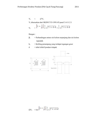 Perhitungan Struktur Pondasi (Pile Cap & Tiang Pancang) 2011
Vu < ∅ Vc
Vc diturunkan dari SKSNI T15-1991-03 pasal 3.4.11.2.1
Vc = <
Dengan :
βc = Perbandingan antara sisi kolom terpanjang dan sisi kolom
tependek
bo = Keliling penampang yang terdapat tegangan geser
d = tebal efektif pondasi telapak.
∅Vc = 0.6
 