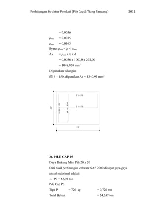 Perhitungan Struktur Pondasi (Pile Cap & Tiang Pancang) 2011
= 0,0036
ρmin = 0,0035
ρmax = 0,0163
Syarat ρmin < ρ < ρmax
As = ρmin x b x d
= 0,0036 x 1000,0 x 292,00
= 1048,868 mm2
Digunakan tulangan
∅16 – 150, digunakan As = 1340,95 mm2
3). PILE CAP P3
Daya Dukung Mini Pile 20 x 20
Dari hasil perhitungan software SAP 2000 didapat gaya-gaya
aksial maksimal adalah:
1. P3 = 53,92 ton
Pile Cap P3
Tipe P = 720 kg = 0,720 ton
Total Beban = 54,637 ton
 