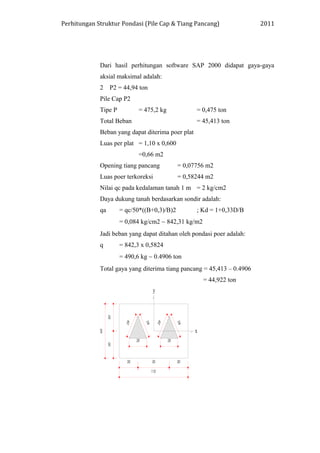 Perhitungan Struktur Pondasi (Pile Cap & Tiang Pancang) 2011
Dari hasil perhitungan software SAP 2000 didapat gaya-gaya
aksial maksimal adalah:
2 P2 = 44,94 ton
Pile Cap P2
Tipe P = 475,2 kg = 0,475 ton
Total Beban = 45,413 ton
Beban yang dapat diterima poer plat
Luas per plat = 1,10 x 0,600
=0,66 m2
Opening tiang pancang = 0,07756 m2
Luas poer terkoreksi = 0,58244 m2
Nilai qc pada kedalaman tanah 1 m = 2 kg/cm2
Daya dukung tanah berdasarkan sondir adalah:
qa = qc/50*((B+0,3)/B)2 ; Kd = 1+0,33D/B
= 0,084 kg/cm2 ∼ 842,31 kg/m2
Jadi beban yang dapat ditahan oleh pondasi poer adalah:
q = 842,3 x 0,5824
= 490,6 kg ∼ 0.4906 ton
Total gaya yang diterima tiang pancang = 45,413 – 0.4906
= 44,922 ton
 