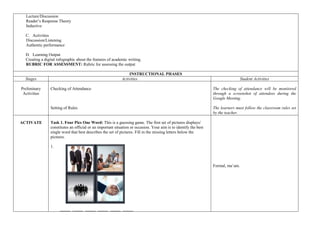 Lecture/Discussion
Reader’s Response Theory
Inductive
C. Activities
Discussion/Listening
Authentic performance
D. Learning Output
Creating a digital infographic about the features of academic writing.
RUBRIC FOR ASSESSMENT: Rubric for assessing the output
INSTRUCTIONAL PHASES
Stages Activities Student Activities
Preliminary
Activities
Checking of Attendance
Setting of Rules
The checking of attendance will be monitored
through a screenshot of attendees during the
Google Meeting.
The learners must follow the classroom rules set
by the teacher.
ACTIVATE Task 1. Four Pics One Word: This is a guessing game. The first set of pictures displays/
constitutes an official or an important situation or occasion. Your aim is to identify the best
single word that best describes the set of pictures. Fill in the missing letters below the
pictures.
1.
_____ _____ _____ _____ _____ _____
Formal, ma’am.
 