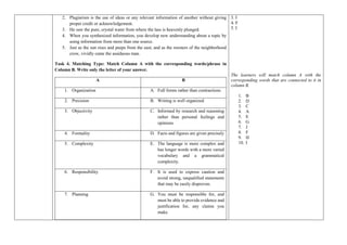 2. Plagiarism is the use of ideas or any relevant information of another without giving
proper credit or acknowledgement.
3. He saw the pure, crystal water from where the lass is heavenly plunged.
4. When you synthesized information, you develop new understanding about a topic by
using information from more than one source.
5. Just as the sun rises and peeps from the east, and as the roosters of the neighborhood
crow, vividly came the assiduous man.
Task 4. Matching Type: Match Column A with the corresponding words/phrase in
Column B. Write only the letter of your answer.
A B
1. Organization A. Full forms rather than contractions
2. Precision B. Writing is well organized
3. Objectivity C. Informed by research and reasoning
rather than personal feelings and
opinions
4. Formality D. Facts and figures are given precisely
5. Complexity E. The language is more complex and
has longer words with a more varied
vocabulary and a grammatical
complexity.
6. Responsibility F. It is used to express caution and
avoid strong, unqualified statements
that may be easily disproven.
7. Planning G. You must be responsible for, and
must be able to provide evidence and
justification for, any claims you
make.
3. I
4. F
5. I
The learners will match column A with the
corresponding words that are connected to it in
column B.
1. B
2. D
3. C
4. A
5. E
6. G
7. J
8. F
9. H
10. I
 