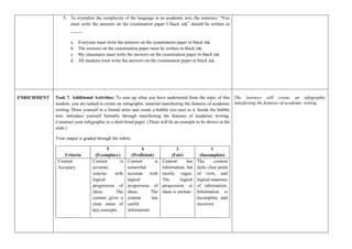 5. To crystalize the complexity of the language in an academic text, the sentence: “You
must write the answers on the examination paper I black ink” should be written as
_____.
a. Everyone must write the answers on the examination paper in black ink.
b. The answers on the examination paper must be written in black ink.
c. My classmates must write the answers on the examination paper in black ink.
d. All students must write the answers on the examination paper in black ink.
ENRICHMENT Task 7. Additional Activities: To sum up what you have understood from the topic of this
module, you are tasked to create an infographic material manifesting the features of academic
writing. Draw yourself in a formal attire and create a bubble text next to it. Inside the bubble
text, introduce yourself formally through manifesting the features of academic writing.
Construct your infographic in a short bond paper. (There will be an example to be shown in the
slide.)
Your output is graded through the rubric:
Criteria
5
(Exemplary)
4
(Proficient)
3
(Fair)
1
(Incomplete)
Content
Accuracy
Content is
accurate,
concise with
logical
progression of
ideas. The
content gives a
clear sense of
key concepts.
Content is
somewhat
accurate with
logical
progression of
ideas. The
content has
useful
information.
Content has
information, but
mostly vague.
The logical
progression or
ideas is unclear.
The content
lacks clear point
of view, and
logical sequence
of information.
Information is
incomplete and
incorrect.
The learners will create an infographic
manifesting the features of academic writing.
 