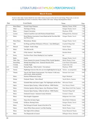 March Events
Events in date order. Contact details for most of the venues are given at the end of event listings. Please note, we do not
take any responsibility for errors or omissions. Please confirm with venue timings and programme details.

Date
1

Event Details

Venue

Time

Music/Dance

Escuela Fuego Flamenco

Blakehay Theatre, WSM

7.30

Music

The Kings of Swing

Octagon Theatre, Yeovil

7.30

Music

Fairport Convention

Playhouse, WSM

7.30

2

Lecture

Charles II and His Court with Professor Ronald Hutton

Dillingtonh Hse, Ilmiinster

2.30

3

Music

Royal Marines Association Concert Band and the Yeovilton Military Wives Choir

Octagon Theatre, Yeovil

3.00

4

Music/Dance

Motionhouse: Broken

Octagon Theatre, Yeovil

7.30

Talk

On Wings and Wind: Pollination of Flowers - Anne Bebbington

Crayford Village Hall

7.30

4-7

Musical

Godspell - Srode College

Strode Theatre

7.30

5

Music

Tom McConville

Halsway Manor

8.00

Talk

O My America! - Sara Wheeler

Brendon Books

7.00

Poetry

Fire River Poets: Poetry Reading by Lucy Lepchani

tbc

Ballet

Giselle

Octagon Theatre, Yeovil

7.30

Talks, Film

Frome Amnesty Int. present: Evening of Film, Food & Speakers

Merlin Theatre, Frome

7.00

Storytelling

Mendip Storytelling Circle - Somerset Storyfest 2014

Court Hotel Chlicompton

7.30

6

Comedy

Comedy Night

Creative Inn. Ctre

7.30

6-8

Comedy

Boeing Boeing - Talkin Scarlet (+ Sat matinee)

Playhouse. WSM

7.30

6-15

Variety

Highbridge Festival of the Arts see:www.highbridgefestival.org.uk

Various - see programme

Various

7

Theatre

Time & Tide Theatre Group presents ‘Two Nations’ A folk story
told in music, drama and poetry

Ilminster Arts Centre

8.00

Music

Kammer Philharmonie Europa

Regal, Minehead

7.30

Drama

Owdyado Theatre: ‘Above Bored’

Tacchi-Morris, Taunton

7.30

Music

Elizabeth Watts and Simon Lepper: The Nightingale and the Rose

Milverton Church

8.00

Opera

Somerset Opera Touring - Gilbert & Sullivan - HMS Pinafore

Over Stowey Church

7.30

Music

Christina Aguilera, Britney Spears, Amy Winehouse Tributes

Oake Manor Golf Club, Taunton 7.30

Opera

Somerset Opera Touring - Gilbert & Sullivan - HMS Pinafore

Winsford Village Hall

7.30

Music

Orchestral Concert - Somerset County Orchestra

St James’s Church

7.30

Music

Peter Knight’s Gigspanner

Bridgwater Arts Centre

8.00

Music

Nancy Kerr & James Fagan.

David Hall, S Petherton

8.00

Comedy

Ed Byrne: Roaring Forties

Octagon Theatre, Yeovil

8.00

Music

Paul Salvage & Friends: Sound of the 60s & 70s

Strode Theatre

7.30

Dance

James Wilton Dance present: Last Man Standing

Merlin Theatre, Frome

7.45

Music

One Night of Elvis (tribute)

Frome Memorial Theatre

7.30

Music

Two Harpsicords in Concert

Dillington House, Ilminster

2.30

8

9

24

 
