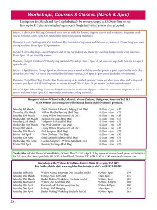 Workshops, Courses & Classes (March & April)
Listings are for March and April alphabetically by venue charged at £3.00 per line or part
line (up to 110 characters including spaces). Single individual entries also accepted.
Friday 21 March. Felt Making. Come and learn how to make felt flowers, slippers, scarves and waistcoats. Beginners to advanced welcome. 10am-3pm. £20 per monthly session (excluding materials).
Thursday 3 April. Quilting with k3n: Stitch and Flip. Suitable for beginners and the more experienced. Please bring your own
sewing machine. 10am-3pm. £25 per session
Tuesday 8 April. Rag Rugs. Learn the green craft of rag rug making and create eye-catching designs using scrap materials.
11am-1pm. £10 per monthly session.
Thursday 10 April. Children’s Willow Spring Garlands Workshop.10am-12pm. £6 (all materials supplied). Suitable for ages 6
upwards only.
Friday 11 April.Readers’ Group. Spend an afternoon once a month with like-minded people, a good cup of coffee and a chat
about the latest ‘read’. All books are provided by the library service. 2.30-4pm. £4 per session (includes refreshments).
Thursday 17 April.Knit Tog, Crochet Too. From casting on to finished garment. Come and share your ideas and be inspired whatever your level of skill from beginner to master knitter! 2.15-4.15pm. £4 per session (includes refreshments).
Friday 25 April. Felt Making. Come and learn how to make felt flowers, slippers, scarves and waistcoats. Beginners to advanced welcome. 10am-3pm. £20 per monthly session (excluding materials).
Musgrove Willows Willow Fields, Lakewall, Weston Zoyland, Bridgwater, Somerset TA7 0LP
01278 691105 sales@musgrovewillows.co.uk Lunch and refreshmsnts provided.

	
Saturday 8th March 	
Thursday 13th March	
Saturday 15th March	
Wednesday 19th March	
Saturday 22nd March	
Wednesday 26th March	
Friday 28th March	
Saturday 29th March	
Friday 11th April		
Saturday 12th April	
Wednesday 23rd April	
Friday 25th April		

Plant Climbers & Garden Edging (Half Day)		
Willow Hurdles/Fencing (Full Day)			
Living Willow Structures (Half Day)		
Bumble Bee Skeps (Full Day)			
Hedgerow Baskets (Full Day)			
Fan Wall Climber (Half Day)			
Living Willow Structures (Half Day)		
Bird Sculpture (Full Day)				
Plant Climbers (Half Day) 			
Small Animal Sculpture (Full Day)			
Garden Sculpture - Willow Balls (Full Day)		
Bumble Bee Skeps (Full Day)			

10.00am - 1pm	
10.00am - 4pm	
10.00am - 1pm	
10.00am - 4pm	
10.00am - 4pm	
10.00am - 1pm	
10.00am - 1pm	
10.00am - 4pm	
10.00am - 1pm	
10.00am - 4pm	
10.00am - 4pm	
10.00am - 4pm	

£35
£75
£35
£75
£75
£35
£35
£75
£35
£75
£75
£75

Tacchi-Morris Cube Theatre’s Easter Holiday School. Mon 7 - Fri 11 April . 5 day course of drama-based games and activities
for 7-11 year olds. 9am-3pm daily. £60 / £50. School Road, Taunton. TA2 8PD. 01823 414141 www.tacchi-morris.com.
Workshops at the Willows & Wetlands Centre, Stoke St Gregory, TA3 6HY
For further details visit www.englishwillowbaskets.co.uk Or call 01823 490249
	
	
	
		
	
Saturday 1st March	
Willow Animal Sculpture Day (includes lunch)	
9.30am - 4pm		
Saturday 15th March 	
Felting-Nuno Felt Scarf				
10am-4pm		
Saturday 15th March	
Basket Making Workshop	 (includes lunch)		
9.30am - 4pm		
Saturday 22nd March	
Willow Deer Sculpture Day			
9.30am - 4.30pm		
Saturday 12th April	
Cockerel and Chicken sculpture day		
9.30am-4.00pm		
Saturday 26th April	
Felting - Wall Hanging				
10am-4pm		
Saturday 26th April	
Basket Making Workshop (includes lunch)		
9.30am - 4pm		

33

£70		
£35
£85
£60
£60
£35
£85

 