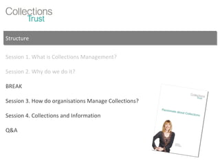 Structure Session 1. What is Collections Management? Session 2. Why do we do it? BREAK Session 3. How do organisations Manage Collections? Session 4. Collections and Information Q&A 