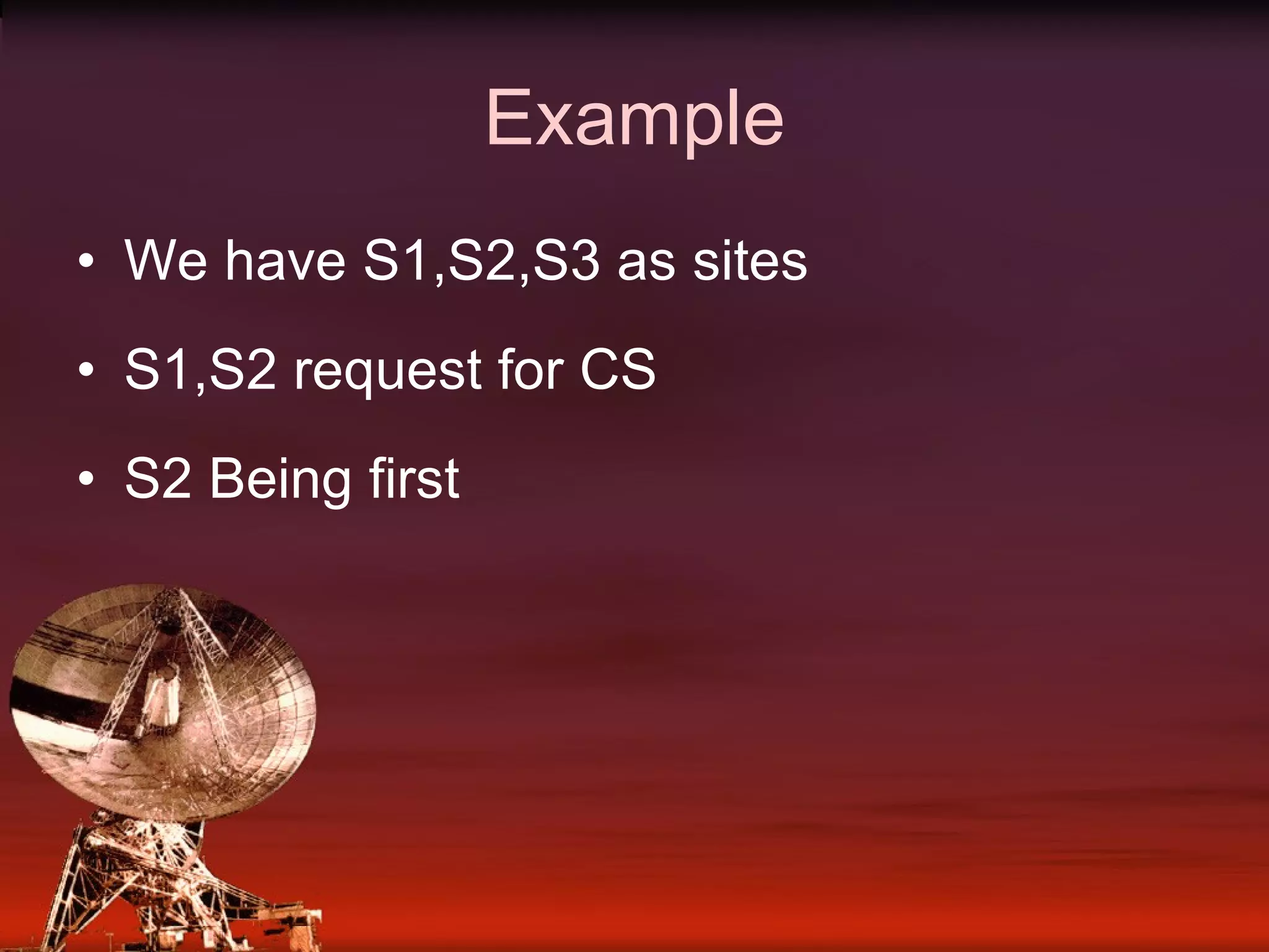 Example We have S1,S2,S3 as sites S1,S2 request for CS S2 Being first