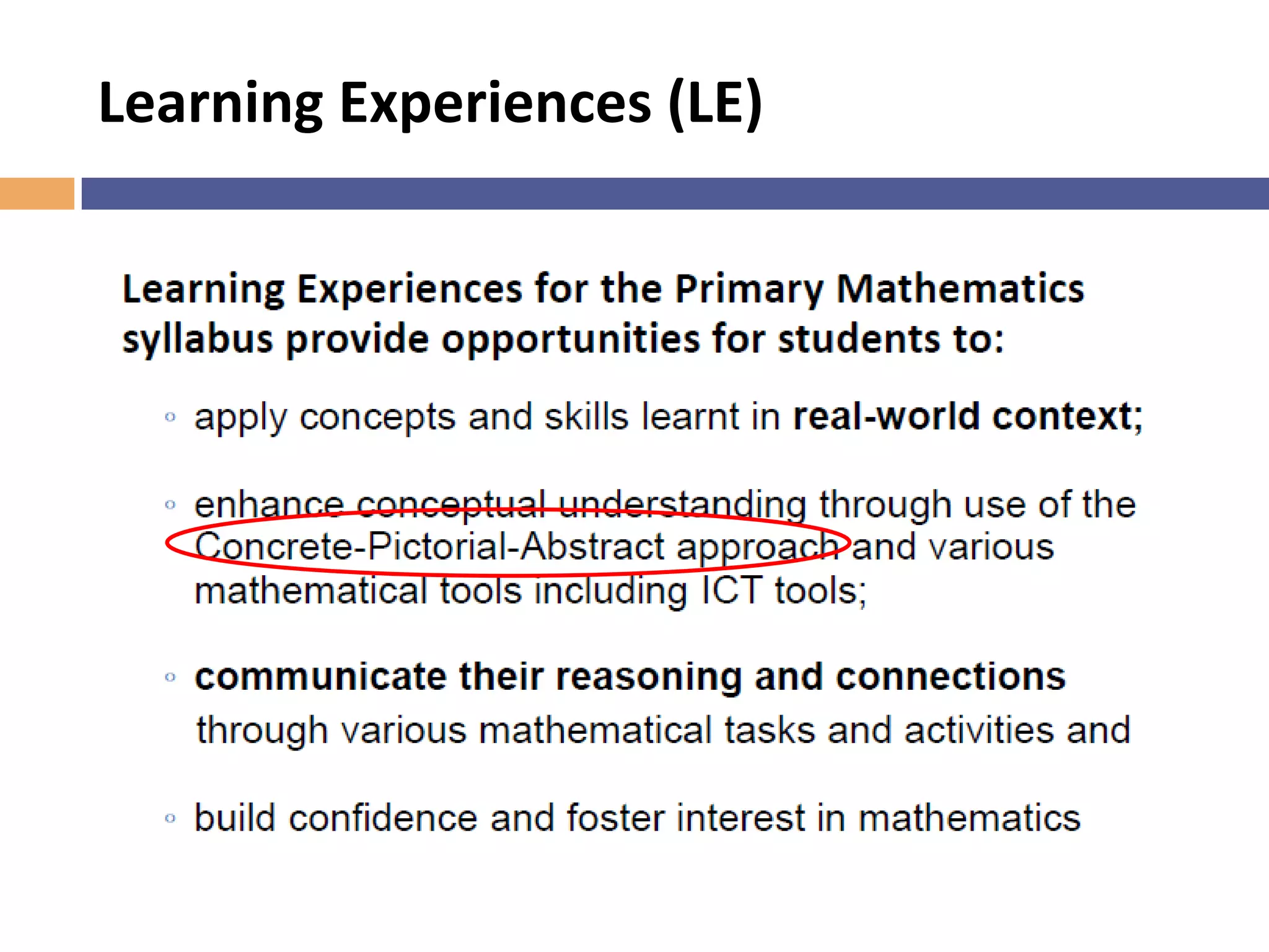 Money (P2)
(Primary Mathematics Teaching and Learning Syllabus 2013, p. 61)
 