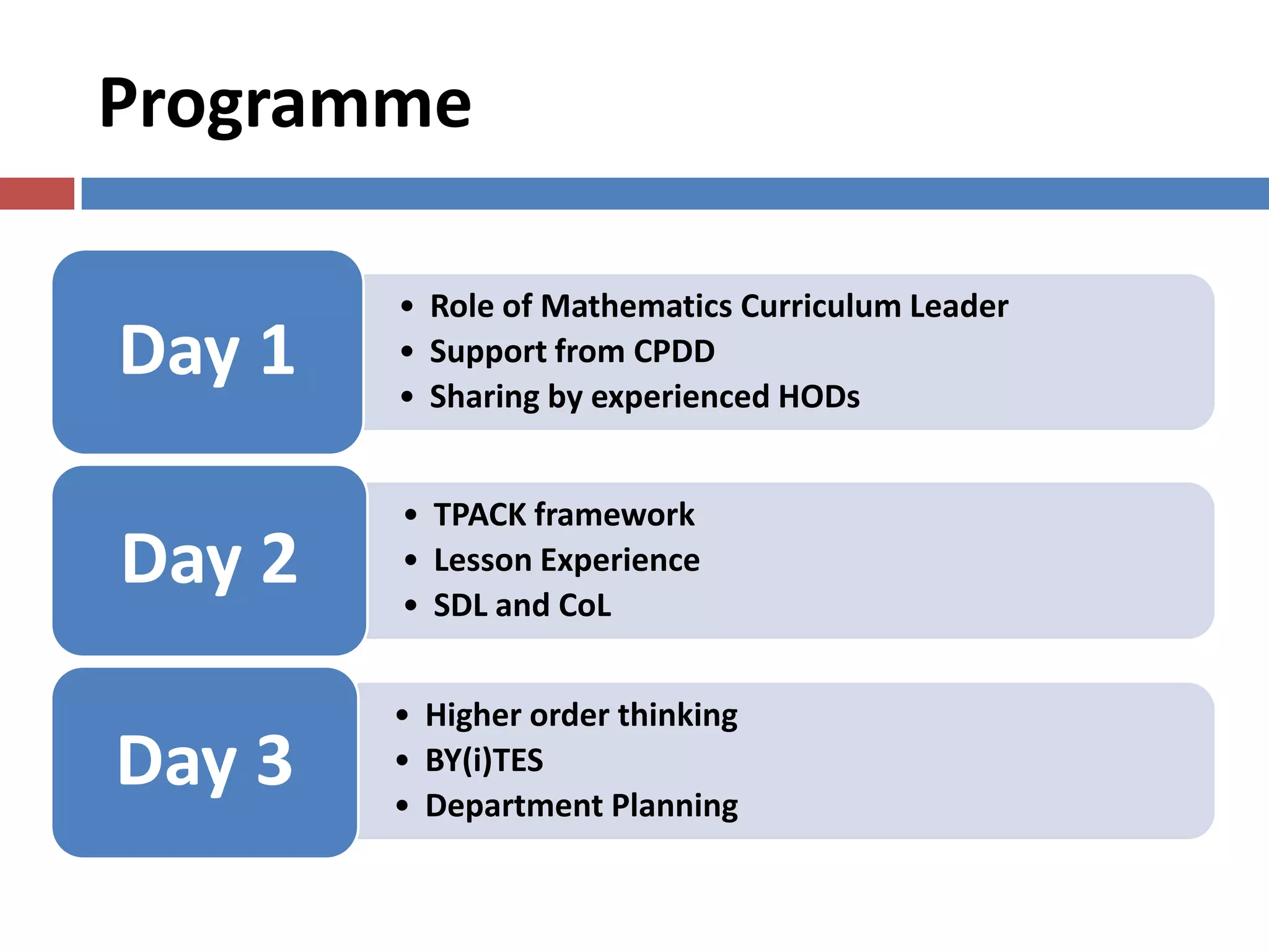 Programme
• Role of Mathematics Curriculum Leader
• Support from CPDD
• Sharing by experienced HODs
Day 1
• TPACK framework
• Lesson Experience
• SDL and CoL
Day 2
• Higher order thinking
• BY(i)TES
• Department Planning
Day 3
 