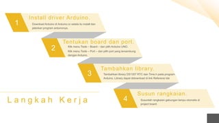 1
2
3
4
Install driver Arduino.
Download Arduino di Arduino.cc setela itu install dan
jalankan program arduinonya.
Tentukan board dan port.
Klik menu Tools – Board – dan pilih Arduino UNO.
Klik menu Tools – Port – dan pilih port yang tersambung
dengan Arduino.
Tambahkan library.
Tambahkan library DS1307 RTC dan Time.h pada program
Arduino. Library dapat didownload di link Referensi Ide
Susun rangkaian.
Susunlah rangkaian gabungan lampu otomatis di
project board.
L a n g k a h K e r j a
 