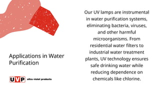Applications in Water
Purification
Our UV lamps are instrumental
in water purification systems,
eliminating bacteria, viruses,
and other harmful
microorganisms. From
residential water filters to
industrial water treatment
plants, UV technology ensures
safe drinking water while
reducing dependence on
chemicals like chlorine.
 