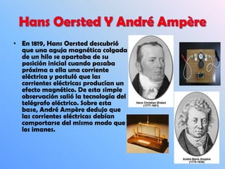 • En 1819, Hans Oersted descubrió
que una aguja magnética colgada
de un hilo se apartaba de su
posición inicial cuando pas...
