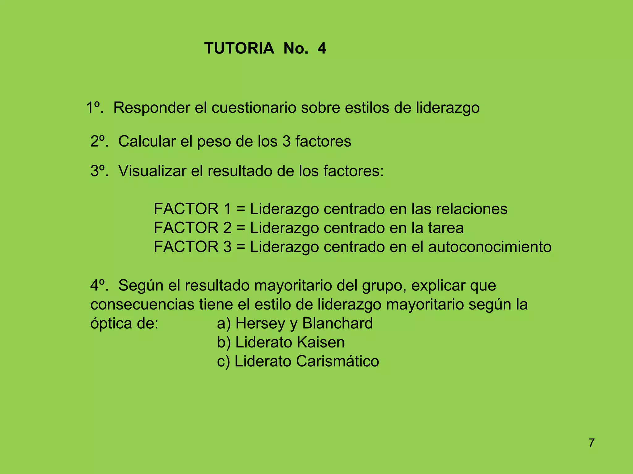 TUTORIA  No.  4 1º.  Responder el cuestionario sobre estilos de liderazgo 2º.  Calcular el peso de los 3 factores 3º.  Visualizar el resultado de los factores: FACTOR 1 = Liderazgo centrado en las relaciones FACTOR 2 = Liderazgo centrado en la tarea FACTOR 3 = Liderazgo centrado en el autoconocimiento 4º.  Según el resultado mayoritario del grupo, explicar que consecuencias tiene el estilo de liderazgo mayoritario según la óptica de: a) Hersey y Blanchard b) Liderato Kaisen c) Liderato Carismático  